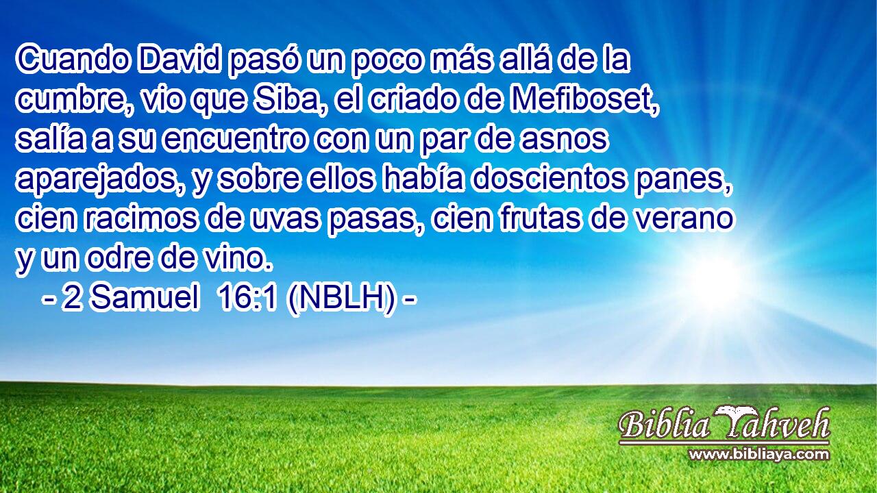  Cuando David pasó un poco más allá de la cumbre, vio que Siba, el criado de Mefiboset, salía a su encuentro con un par de asnos aparejados, y sobre ellos había doscientos panes, cien racimos de uvas pasas, cien frutas de verano y un odre de vino. 