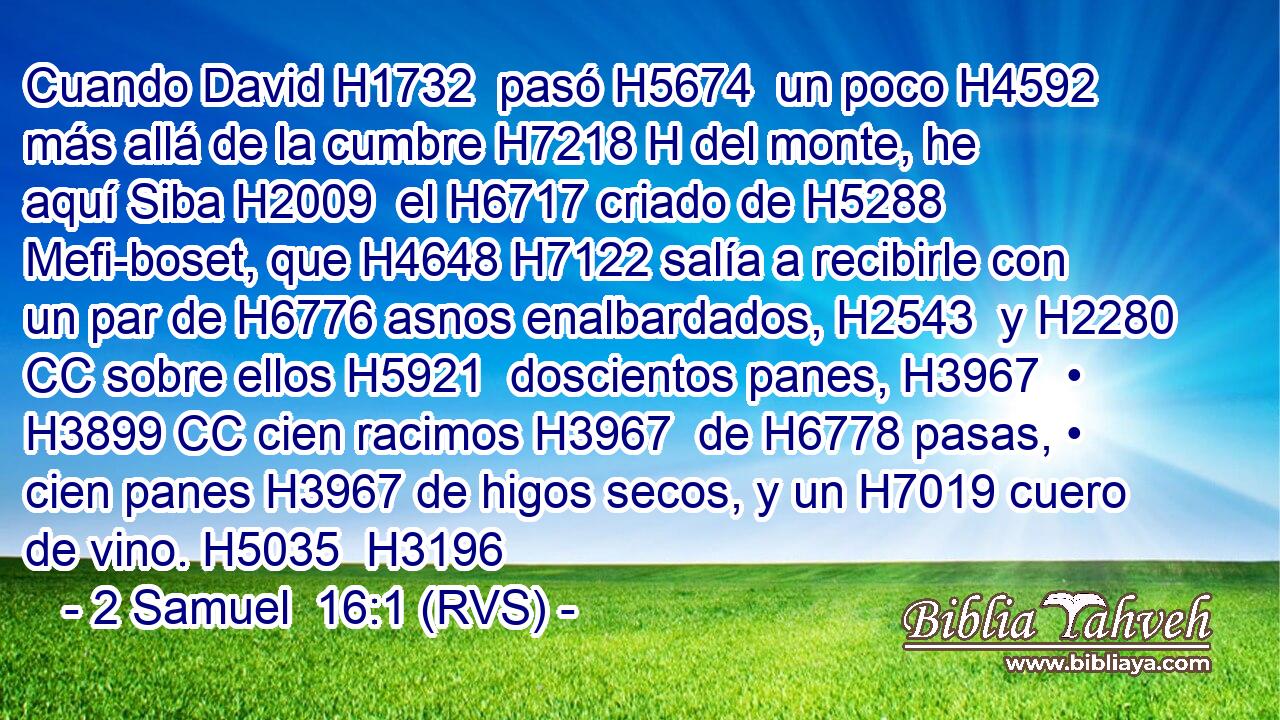 Cuando David H1732  pasó H5674  un poco H4592  más allá de la cumbre H7218 H del monte, he aquí Siba H2009  el H6717 criado de H5288 Mefi-boset, que H4648 H7122 salía a recibirle con un par de H6776 asnos enalbardados, H2543  y H2280 CC sobre ellos H5921  doscientos panes, H3967  • H3899 CC cien racimos H3967  de H6778 pasas, • cien panes H3967 de higos secos, y un H7019 cuero de vino. H5035  H3196 