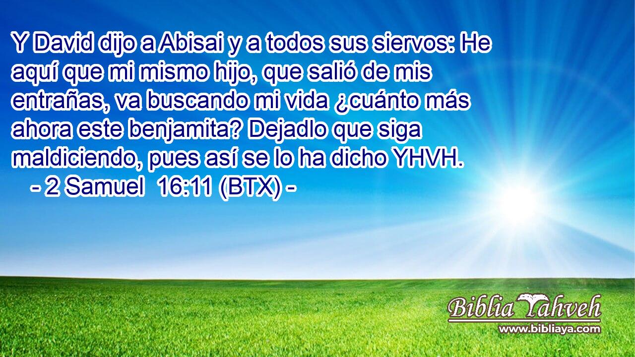 Y David dijo a Abisai y a todos sus siervos: He aquí que mi mismo hijo, que salió de mis entrañas, va buscando mi vida ¿cuánto más ahora este benjamita? Dejadlo que siga maldiciendo, pues así se lo ha dicho YHVH.