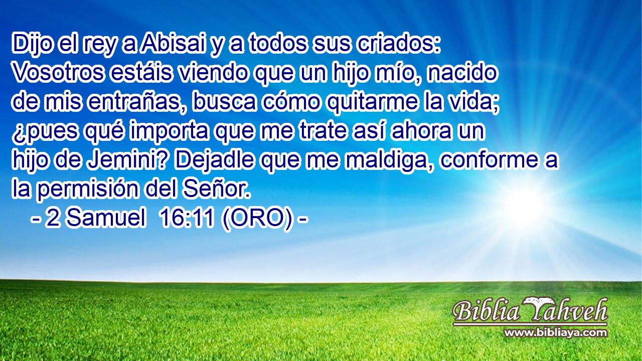  Dijo el rey a Abisai y a todos sus criados: Vosotros estáis viendo que un hijo mío, nacido de mis entrañas, busca cómo quitarme la vida; ¿pues qué importa que me trate así ahora un hijo de Jemini? Dejadle que me maldiga, conforme a la permisión del Señor. 