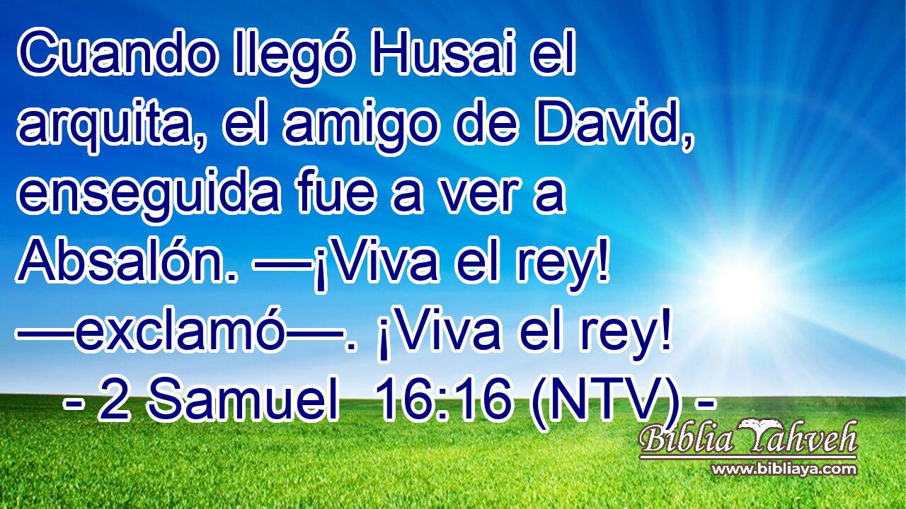 Cuando llegó Husai el arquita, el amigo de David, enseguida fue a ver a Absalón. —¡Viva el rey! —exclamó—. ¡Viva el rey!