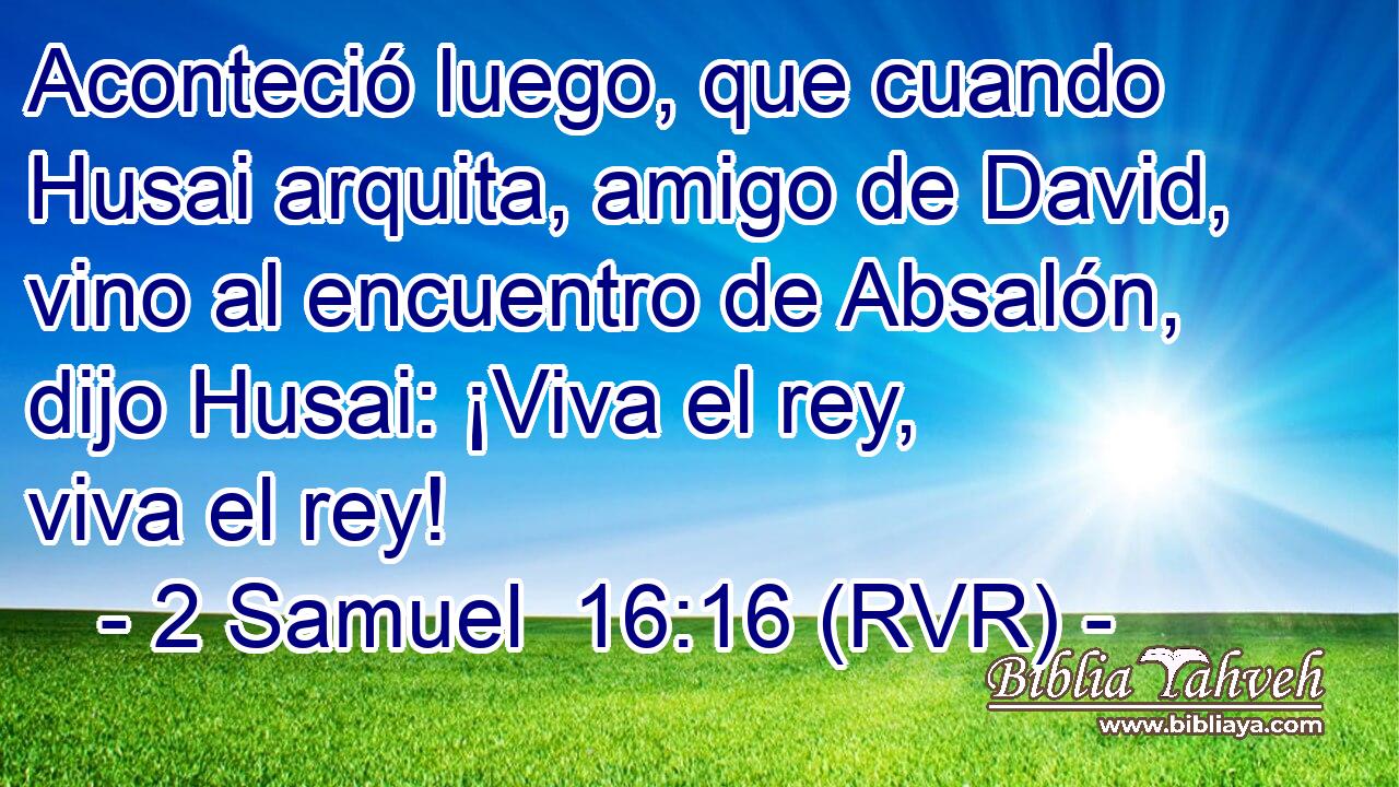Aconteció luego, que cuando Husai arquita, amigo de David, vino al encuentro de Absalón, dijo Husai: ¡Viva el rey, viva el rey!