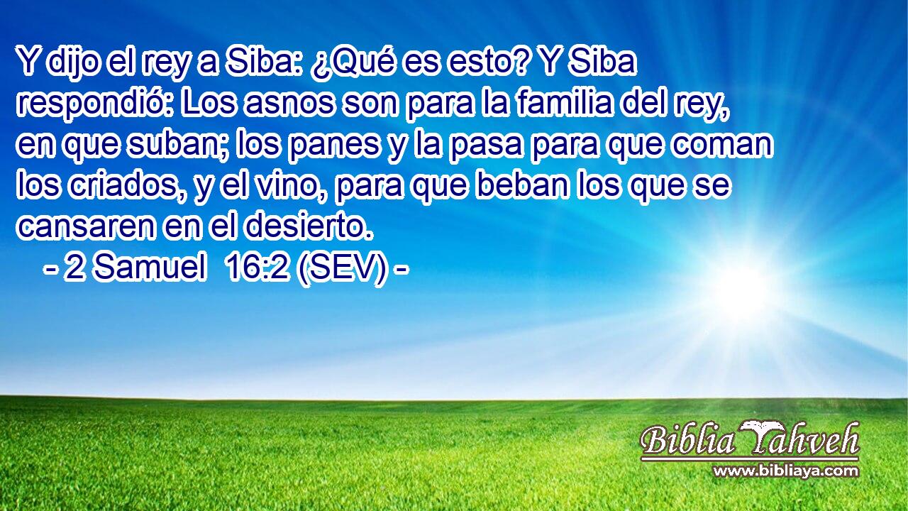 Y dijo el rey a Siba: ¿Qué es esto? Y Siba respondió: Los asnos son para la familia del rey, en que suban; los panes y la pasa para que coman los criados, y el vino, para que beban los que se cansaren en el desierto.