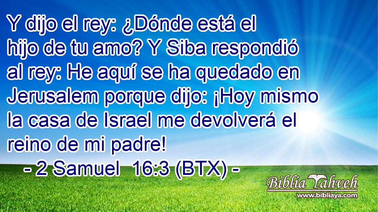 Y dijo el rey: ¿Dónde está el hijo de tu amo? Y Siba respondió al rey: He aquí se ha quedado en Jerusalem porque dijo: ¡Hoy mismo la casa de Israel me devolverá el reino de mi padre!