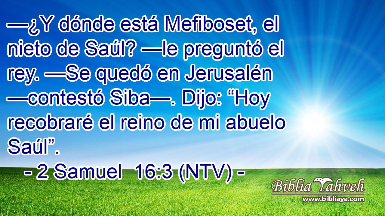 —¿Y dónde está Mefiboset, el nieto de Saúl? —le preguntó el rey. —Se quedó en Jerusalén —contestó Siba—. Dijo: “Hoy recobraré el reino de mi abuelo Saúl”.