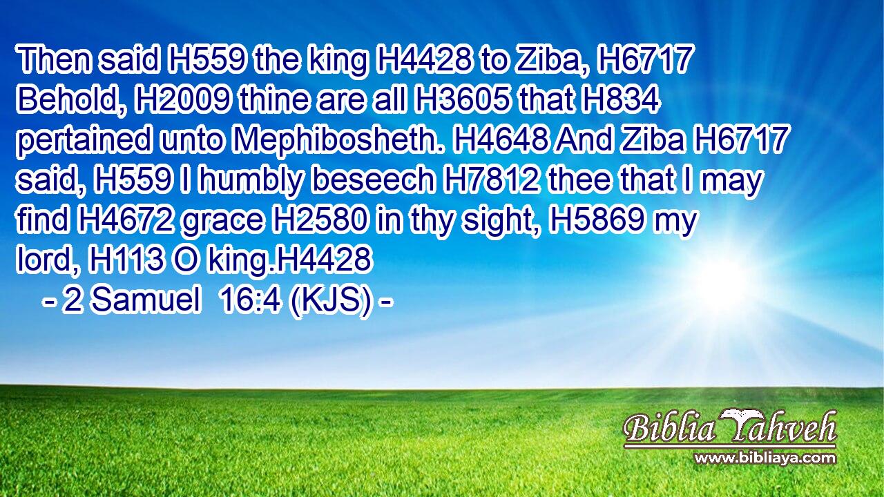 Then said H559 the king H4428 to Ziba, H6717 Behold, H2009 thine are all H3605 that H834 pertained unto Mephibosheth. H4648 And Ziba H6717 said, H559 I humbly beseech H7812 thee that I may find H4672 grace H2580 in thy sight, H5869 my lord, H113 O king.H4428