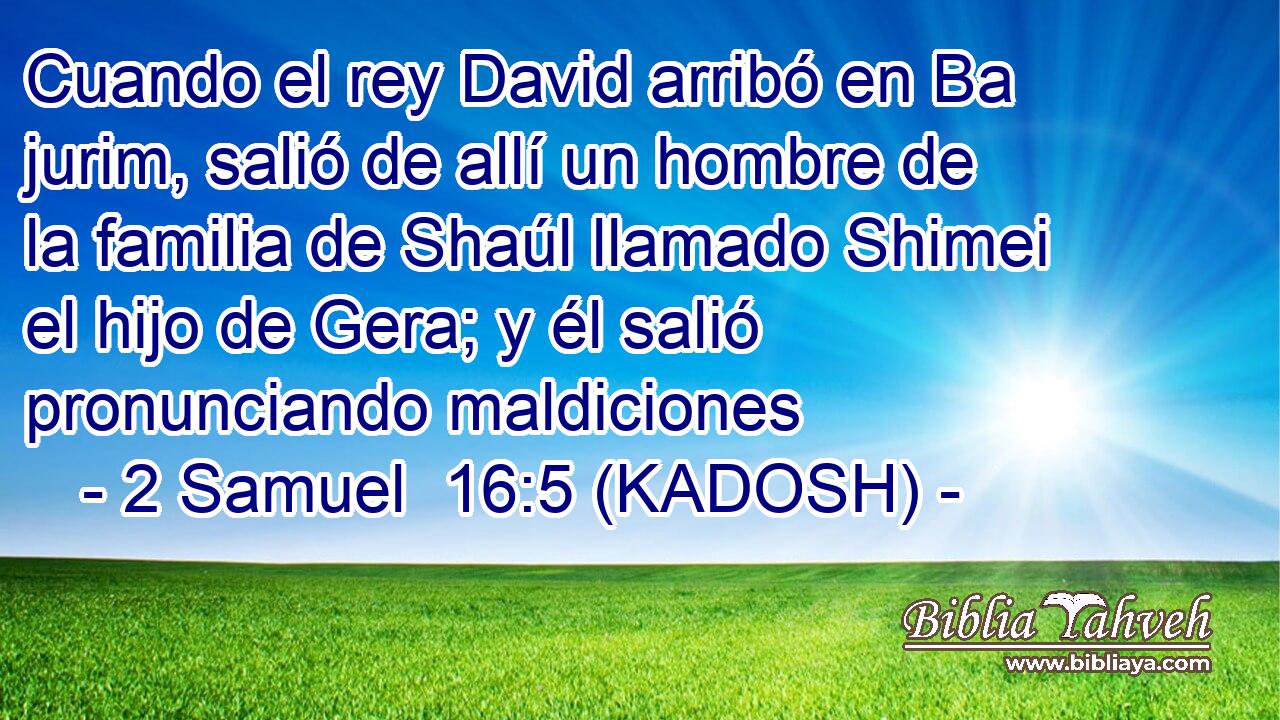  Cuando el rey David arribó en Ba jurim, salió de allí un hombre de la familia de Shaúl llamado Shimei el hijo de Gera; y él salió pronunciando maldiciones 