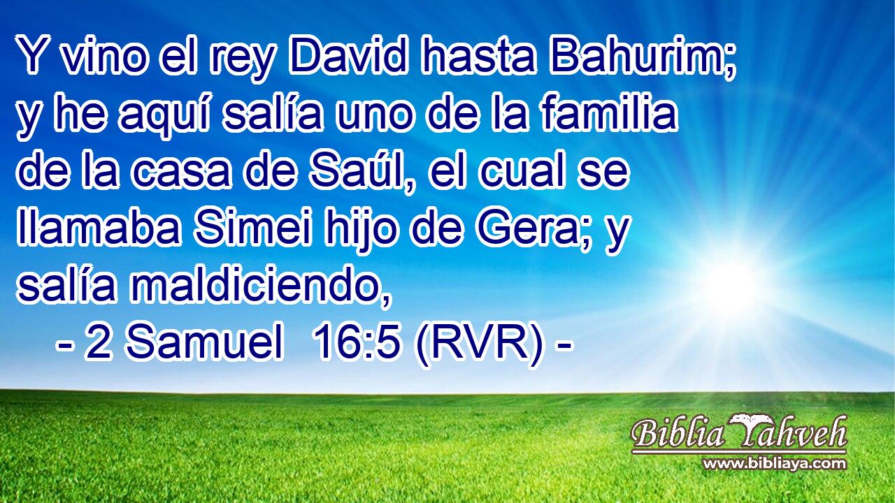 Y vino el rey David hasta Bahurim; y he aquí salía uno de la familia de la casa de Saúl, el cual se llamaba Simei hijo de Gera; y salía maldiciendo,