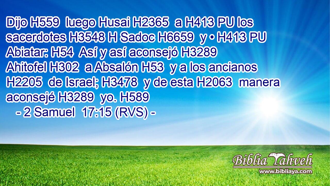 Dijo H559  luego Husai H2365  a H413 PU los sacerdotes H3548 H Sadoc H6659  y • H413 PU Abiatar: H54  Así y así aconsejó H3289  Ahitofel H302  a Absalón H53  y a los ancianos H2205  de Israel; H3478  y de esta H2063  manera aconsejé H3289  yo. H589  