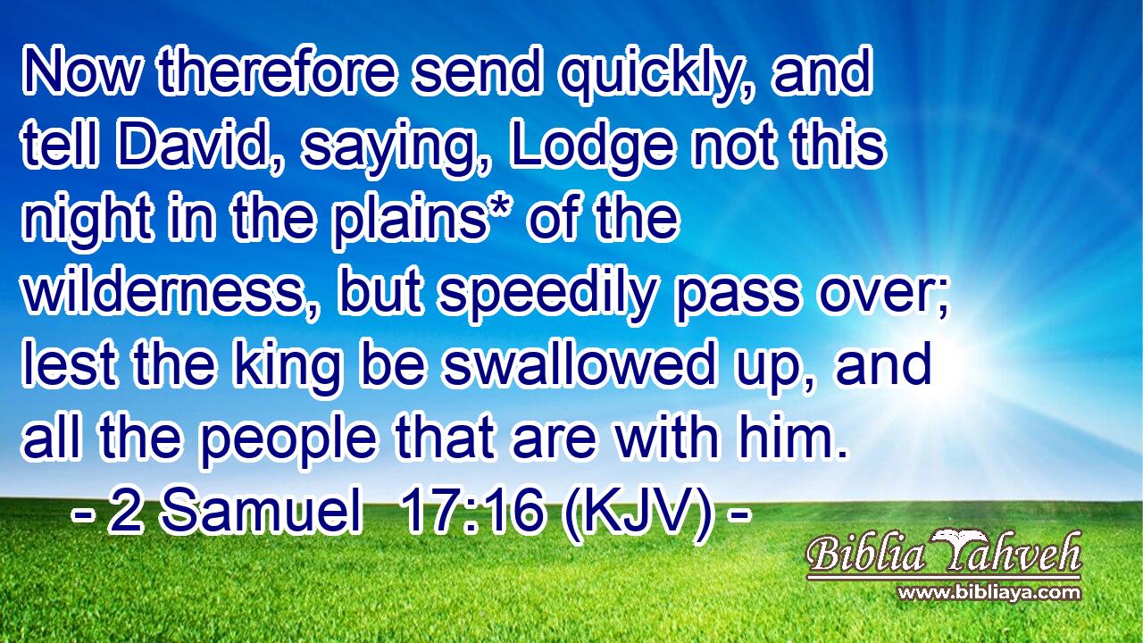 Now therefore send quickly, and tell David, saying, Lodge not this night in the plains* of the wilderness, but speedily pass over; lest the king be swallowed up, and all the people that are with him.