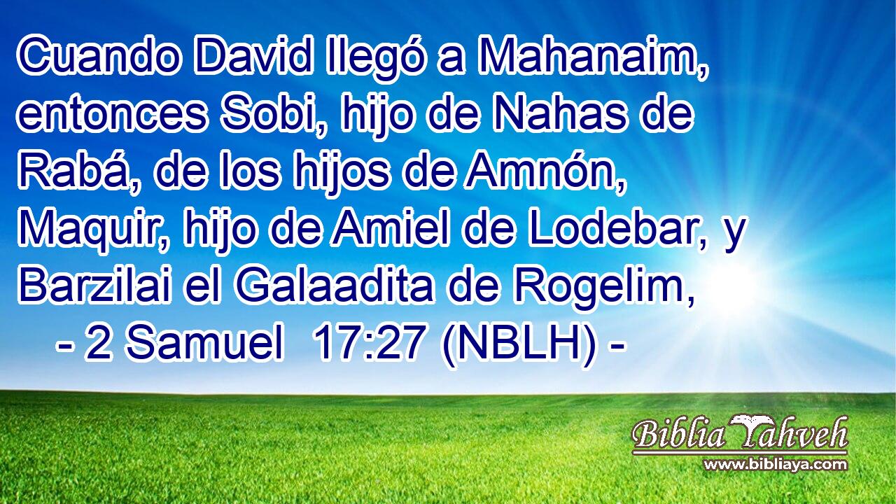  Cuando David llegó a Mahanaim, entonces Sobi, hijo de Nahas de Rabá, de los hijos de Amnón, Maquir, hijo de Amiel de Lodebar, y Barzilai el Galaadita de Rogelim, 