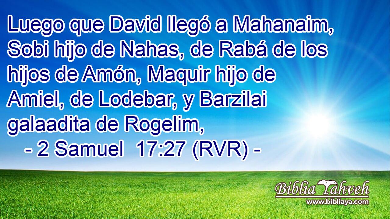 Luego que David llegó a Mahanaim, Sobi hijo de Nahas, de Rabá de los hijos de Amón, Maquir hijo de Amiel, de Lodebar, y Barzilai galaadita de Rogelim,