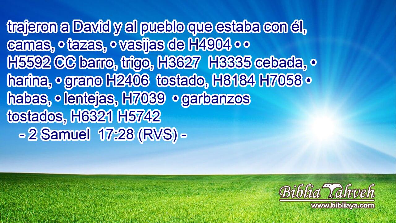 trajeron a David y al pueblo que estaba con él, camas, • tazas, • vasijas de H4904 • • H5592 CC barro, trigo, H3627  H3335 cebada, • harina, • grano H2406  tostado, H8184 H7058 • habas, • lentejas, H7039  • garbanzos tostados, H6321 H5742 