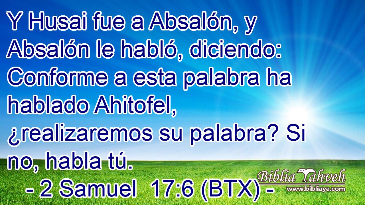 Y Husai fue a Absalón, y Absalón le habló, diciendo: Conforme a esta palabra ha hablado Ahitofel, ¿realizaremos su palabra? Si no, habla tú.