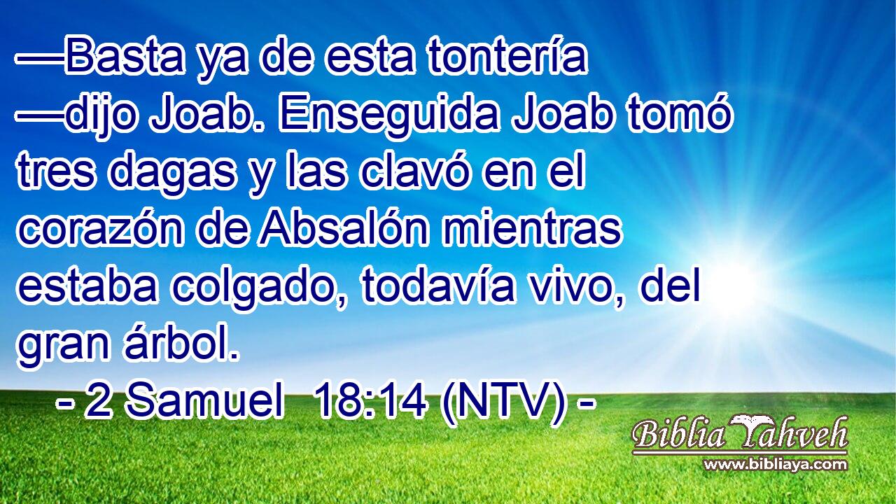 —Basta ya de esta tontería —dijo Joab. Enseguida Joab tomó tres dagas y las clavó en el corazón de Absalón mientras estaba colgado, todavía vivo, del gran árbol.