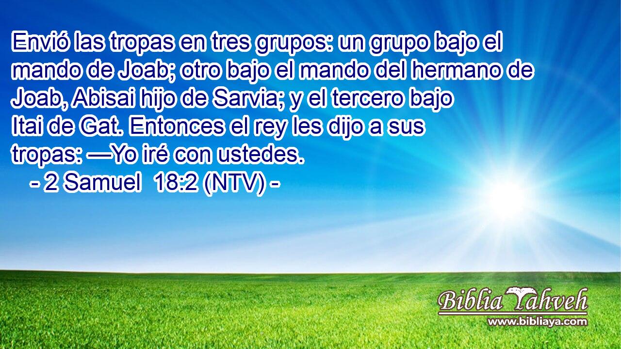 Envió las tropas en tres grupos: un grupo bajo el mando de Joab; otro bajo el mando del hermano de Joab, Abisai hijo de Sarvia; y el tercero bajo Itai de Gat. Entonces el rey les dijo a sus tropas: —Yo iré con ustedes.