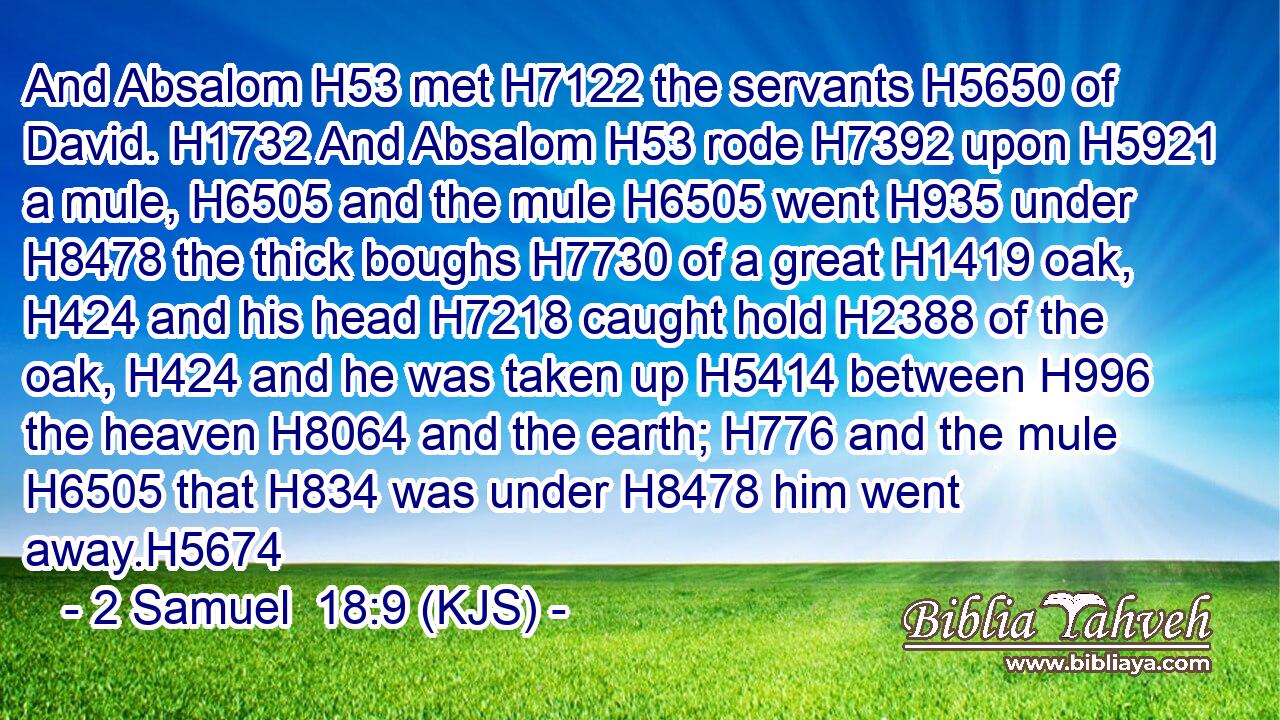 And Absalom H53 met H7122 the servants H5650 of David. H1732 And Absalom H53 rode H7392 upon H5921 a mule, H6505 and the mule H6505 went H935 under H8478 the thick boughs H7730 of a great H1419 oak, H424 and his head H7218 caught hold H2388 of the oak, H424 and he was taken up H5414 between H996 the heaven H8064 and the earth; H776 and the mule H6505 that H834 was under H8478 him went away.H5674