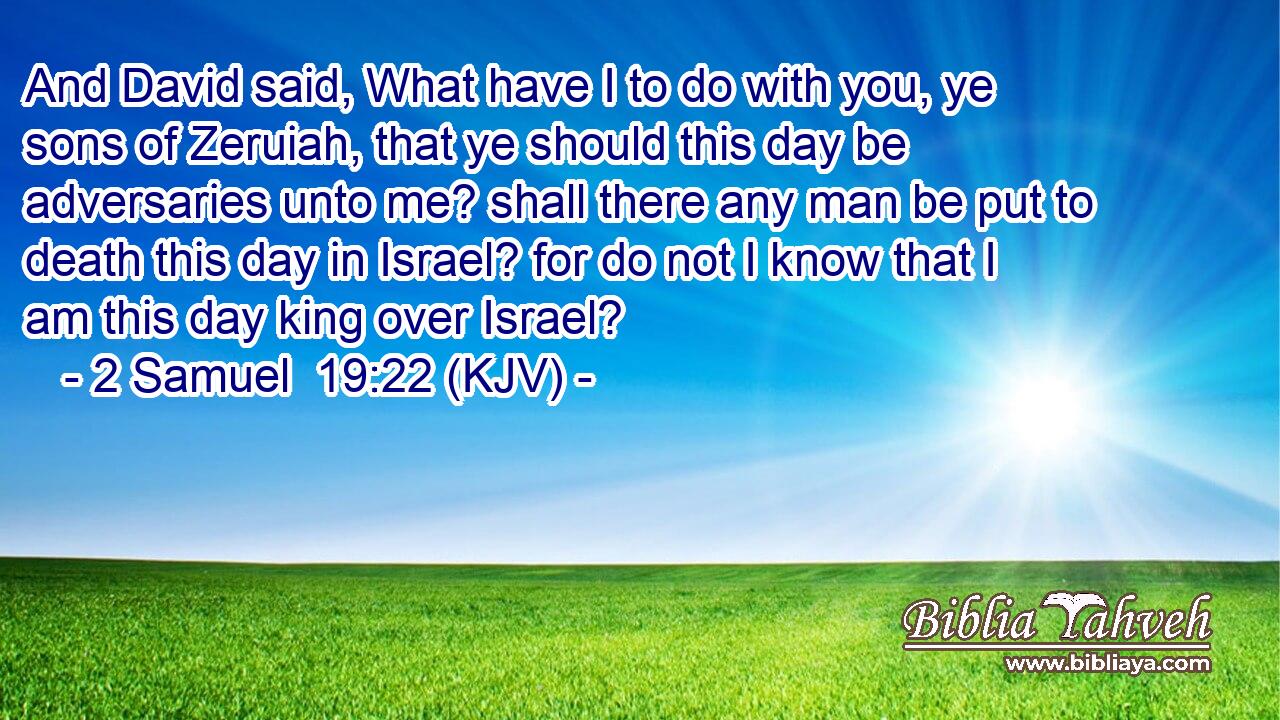 And David said, What have I to do with you, ye sons of Zeruiah, that ye should this day be adversaries unto me? shall there any man be put to death this day in Israel? for do not I know that I am this day king over Israel?