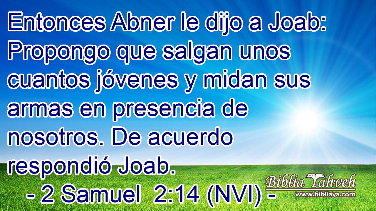  Entonces Abner le dijo a Joab: Propongo que salgan unos cuantos jóvenes y midan sus armas en presencia de nosotros. De acuerdo respondió Joab. 