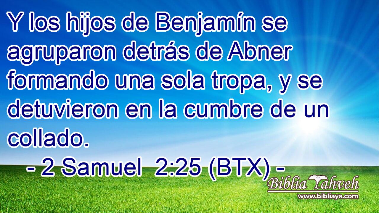 Y los hijos de Benjamín se agruparon detrás de Abner formando una sola tropa, y se detuvieron en la cumbre de un collado.