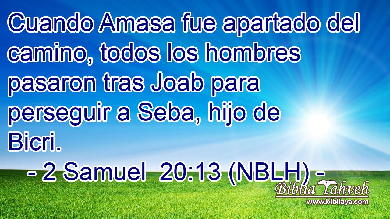  Cuando Amasa fue apartado del camino, todos los hombres pasaron tras Joab para perseguir a Seba, hijo de Bicri. 