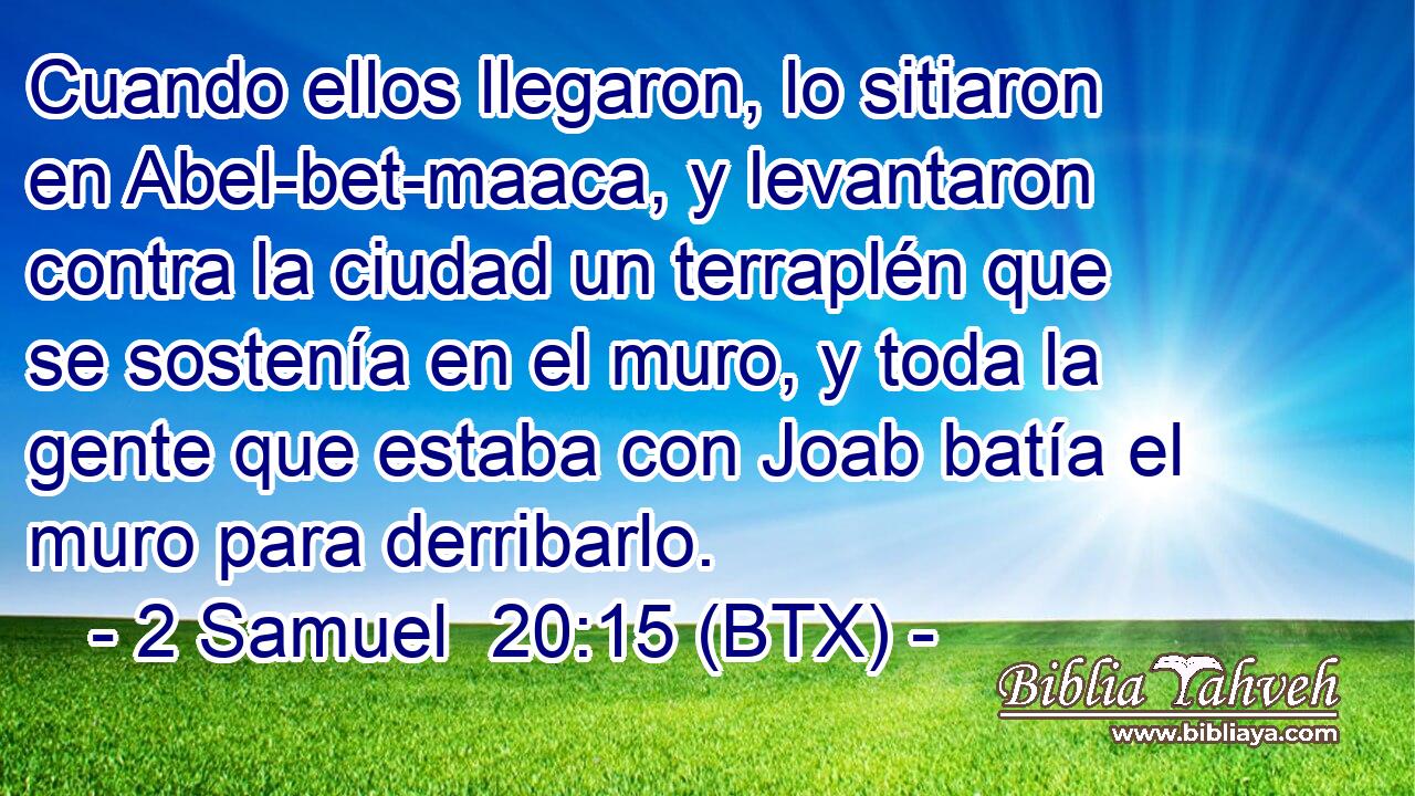 Cuando ellos llegaron, lo sitiaron en Abel-bet-maaca, y levantaron contra la ciudad un terraplén que se sostenía en el muro, y toda la gente que estaba con Joab batía el muro para derribarlo.