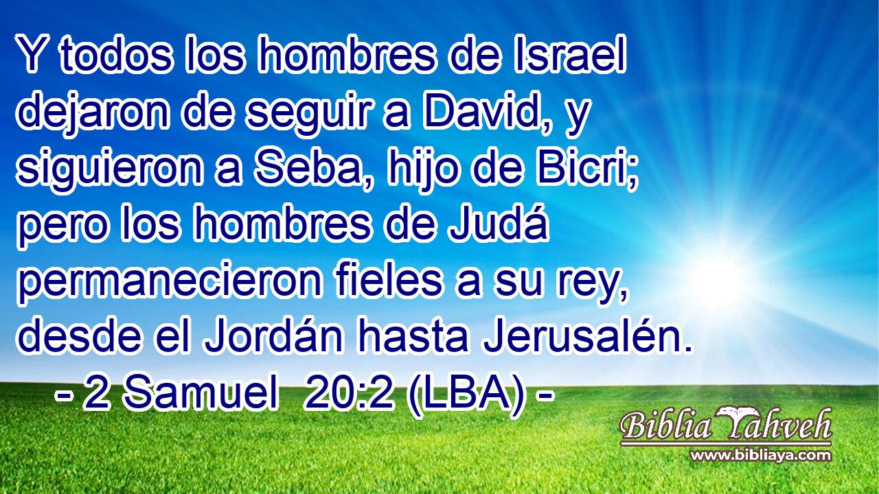 Y todos los hombres de Israel dejaron de seguir a David, y siguieron a Seba, hijo de Bicri; pero los hombres de Judá permanecieron fieles a su rey, desde el Jordán hasta Jerusalén.