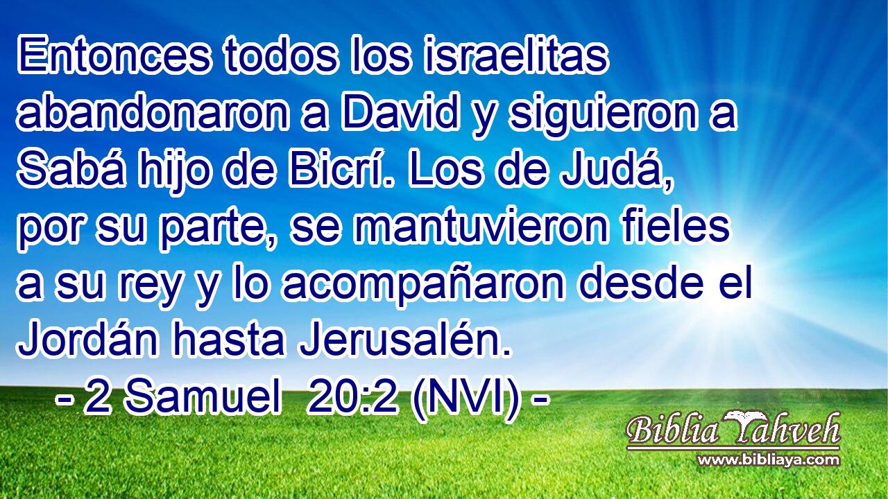  Entonces todos los israelitas abandonaron a David y siguieron a Sabá hijo de Bicrí. Los de Judá, por su parte, se mantuvieron fieles a su rey y lo acompañaron desde el Jordán hasta Jerusalén. 