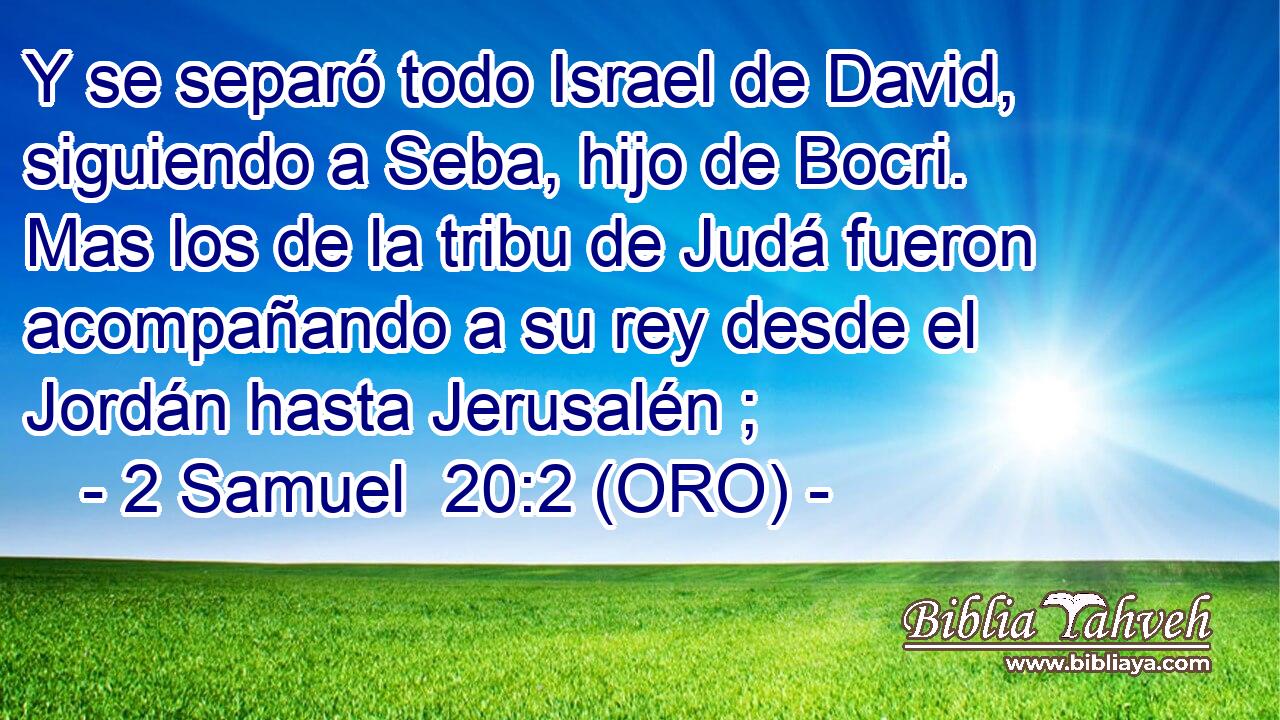  Y se separó todo Israel de David, siguiendo a Seba, hijo de Bocri. Mas los de la tribu de Judá fueron acompañando a su rey desde el Jordán hasta Jerusalén ; 