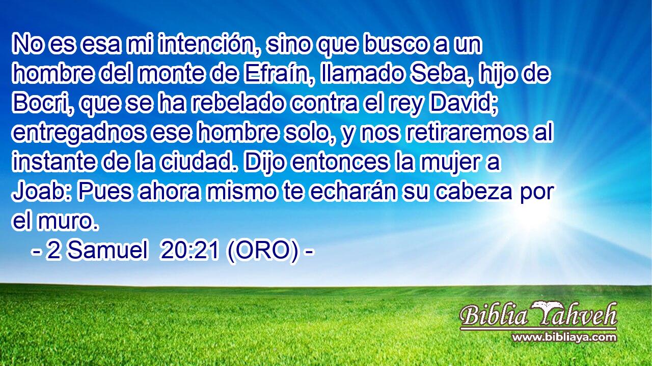  No es esa mi intención, sino que busco a un hombre del monte de Efraín, llamado Seba, hijo de Bocri, que se ha rebelado contra el rey David; entregadnos ese hombre solo, y nos retiraremos al instante de la ciudad. Dijo entonces la mujer a Joab: Pues ahora mismo te echarán su cabeza por el muro. 