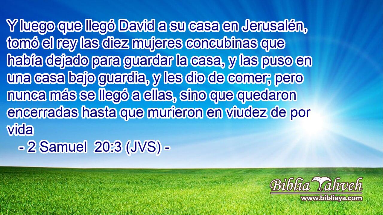 Y luego que llegó David a su casa en Jerusalén, tomó el rey las diez mujeres concubinas que había dejado para guardar la casa, y las puso en una casa bajo guardia, y les dio de comer; pero nunca más se llegó a ellas, sino que quedaron encerradas hasta que murieron en viudez de por vida