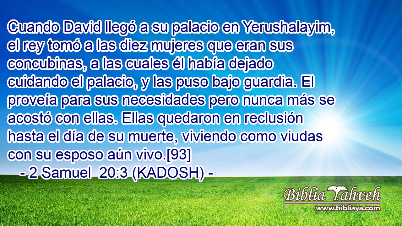  Cuando David llegó a su palacio en Yerushalayim, el rey tomó a las diez mujeres que eran sus concubinas, a las cuales él había dejado cuidando el palacio, y las puso bajo guardia. El proveía para sus necesidades pero nunca más se acostó con ellas. Ellas quedaron en reclusión hasta el día de su muerte, viviendo como viudas con su esposo aún vivo.[93] 