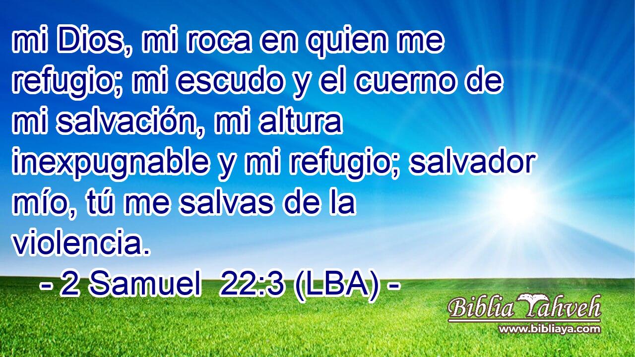 mi Dios, mi roca en quien me refugio; mi escudo y el cuerno de mi salvación, mi altura inexpugnable y mi refugio; salvador mío, tú me salvas de la violencia.