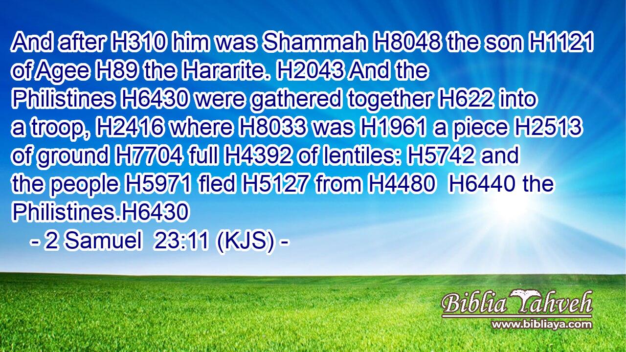 And after H310 him was Shammah H8048 the son H1121 of Agee H89 the Hararite. H2043 And the Philistines H6430 were gathered together H622 into a troop, H2416 where H8033 was H1961 a piece H2513 of ground H7704 full H4392 of lentiles: H5742 and the people H5971 fled H5127 from H4480  H6440 the Philistines.H6430