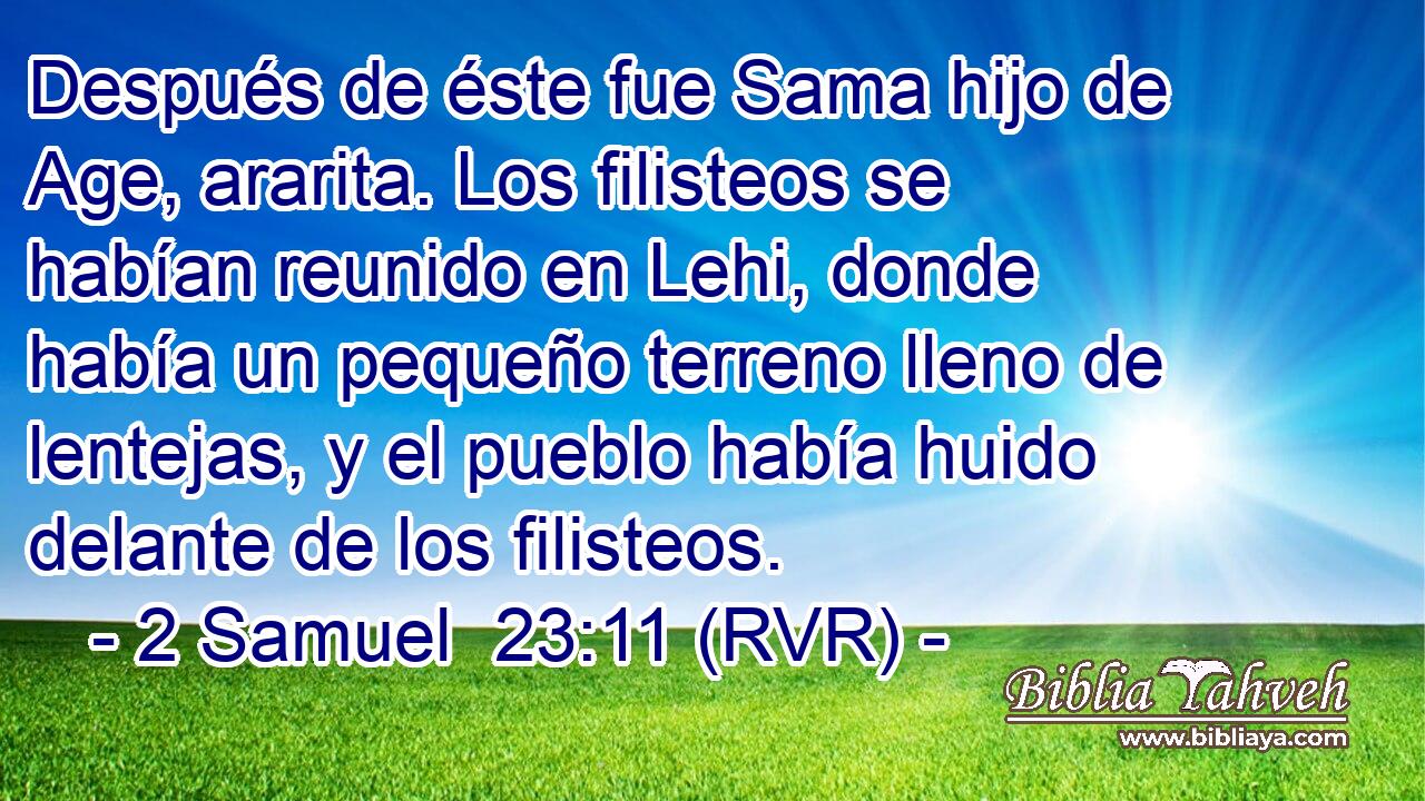 Después de éste fue Sama hijo de Age, ararita. Los filisteos se habían reunido en Lehi, donde había un pequeño terreno lleno de lentejas, y el pueblo había huido delante de los filisteos.