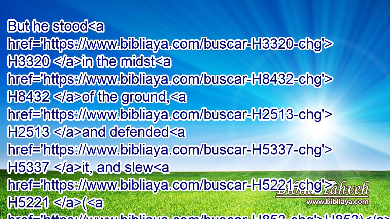 But he stood H3320 in the midst H8432 of the ground, H2513 and defended H5337 it, and slew H5221 (H853) the Philistines: H6430 and the LORD H3068 wrought H6213 a great H1419 victory.H8668