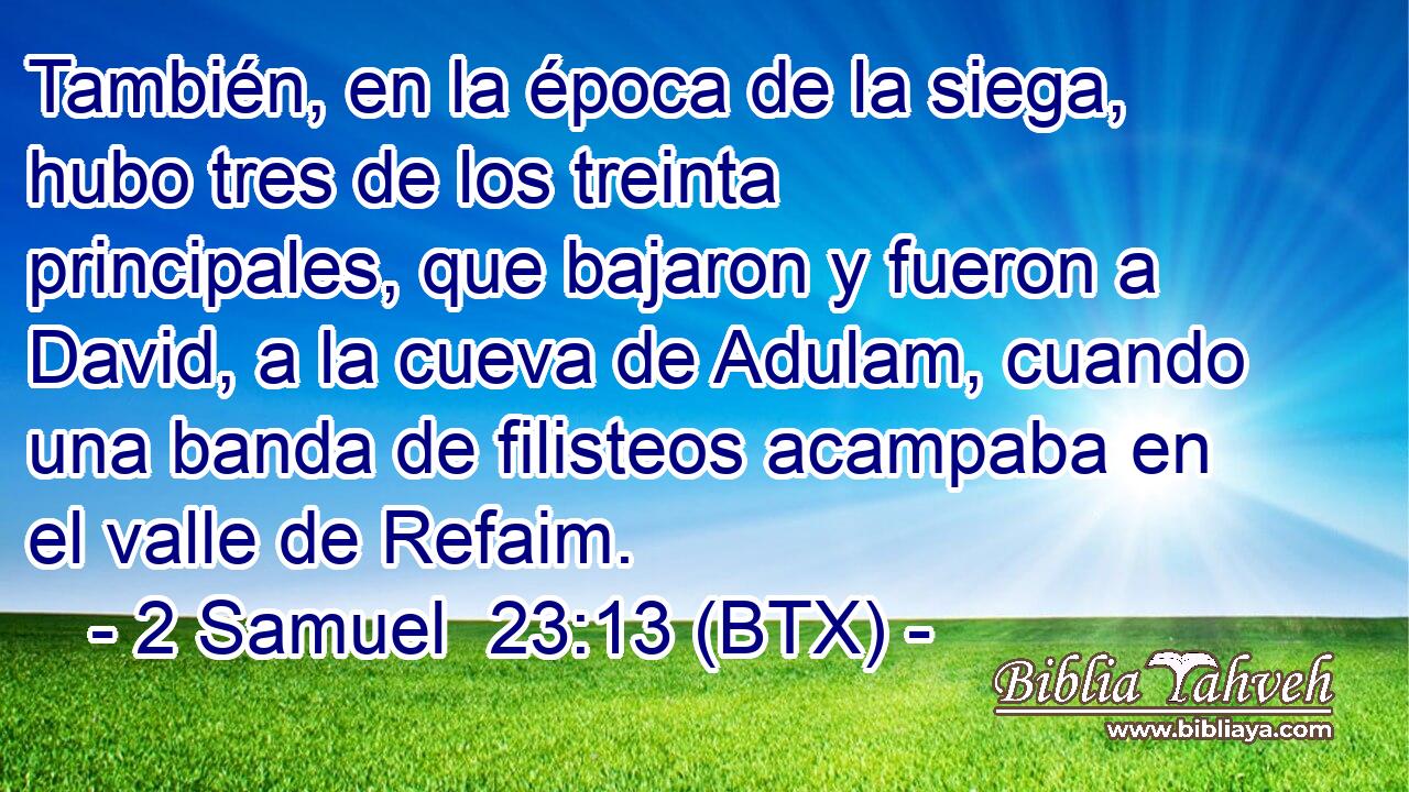 También, en la época de la siega, hubo tres de los treinta principales, que bajaron y fueron a David, a la cueva de Adulam, cuando una banda de filisteos acampaba en el valle de Refaim.