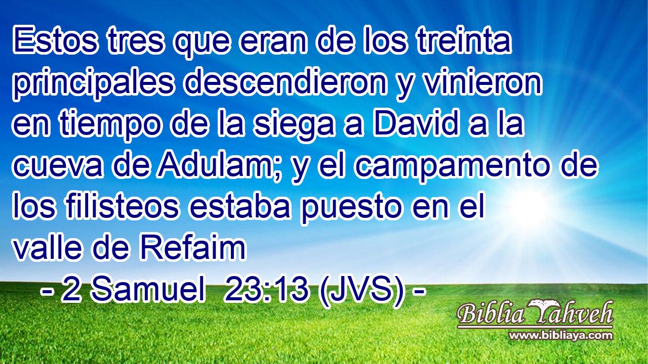 Estos tres que eran de los treinta principales descendieron y vinieron en tiempo de la siega a David a la cueva de Adulam; y el campamento de los filisteos estaba puesto en el valle de Refaim