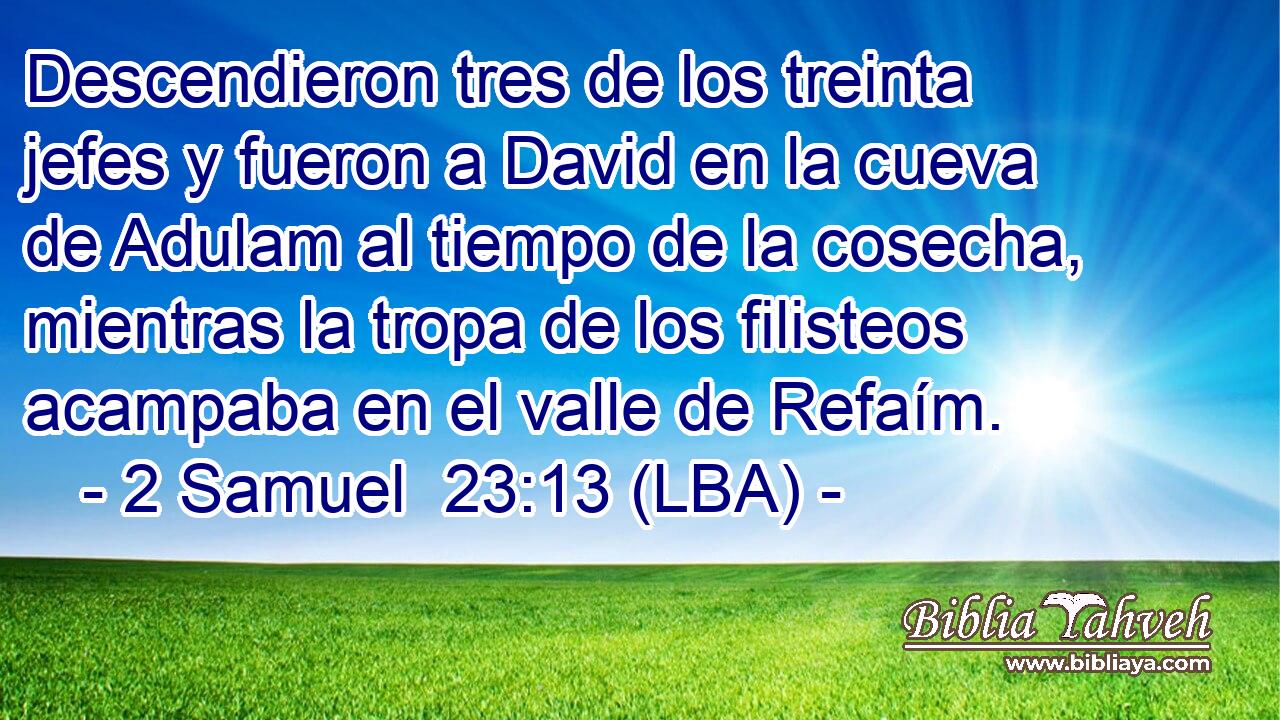 Descendieron tres de los treinta jefes y fueron a David en la cueva de Adulam al tiempo de la cosecha, mientras la tropa de los filisteos acampaba en el valle de Refaím.