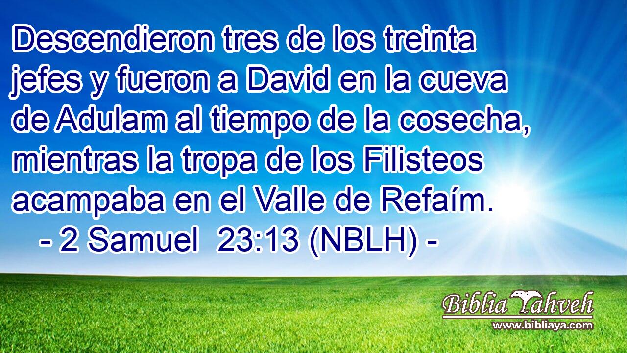  Descendieron tres de los treinta jefes y fueron a David en la cueva de Adulam al tiempo de la cosecha, mientras la tropa de los Filisteos acampaba en el Valle de Refaím. 