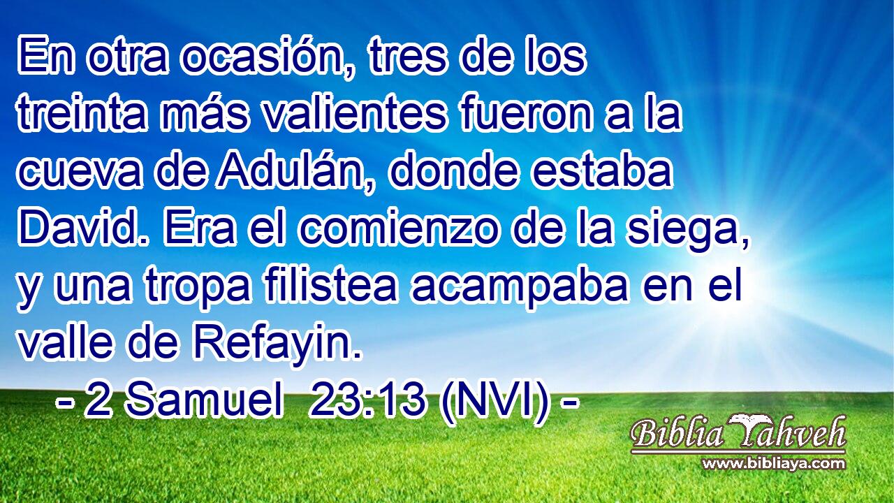  En otra ocasión, tres de los treinta más valientes fueron a la cueva de Adulán, donde estaba David. Era el comienzo de la siega, y una tropa filistea acampaba en el valle de Refayin. 