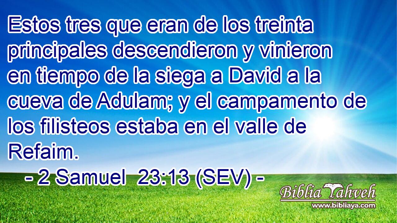 Estos tres que eran de los treinta principales descendieron y vinieron en tiempo de la siega a David a la cueva de Adulam; y el campamento de los filisteos estaba en el valle de Refaim.