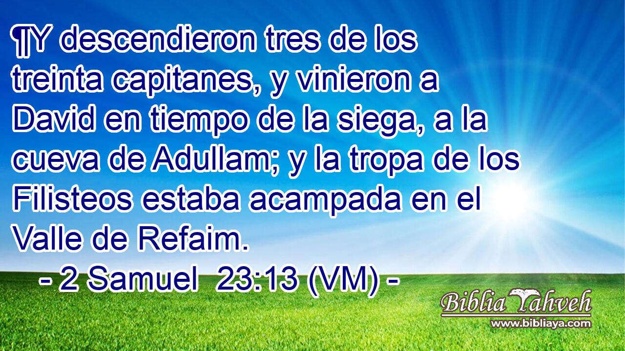  ¶Y descendieron tres de los treinta capitanes, y vinieron a David en tiempo de la siega, a la cueva de Adullam; y la tropa de los Filisteos estaba acampada en el Valle de Refaim. 