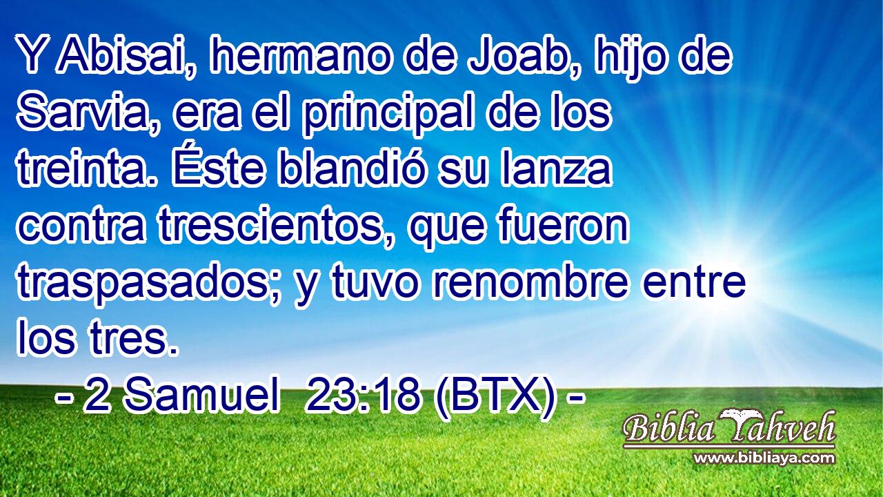 Y Abisai, hermano de Joab, hijo de Sarvia, era el principal de los treinta. Éste blandió su lanza contra trescientos, que fueron traspasados; y tuvo renombre entre los tres.