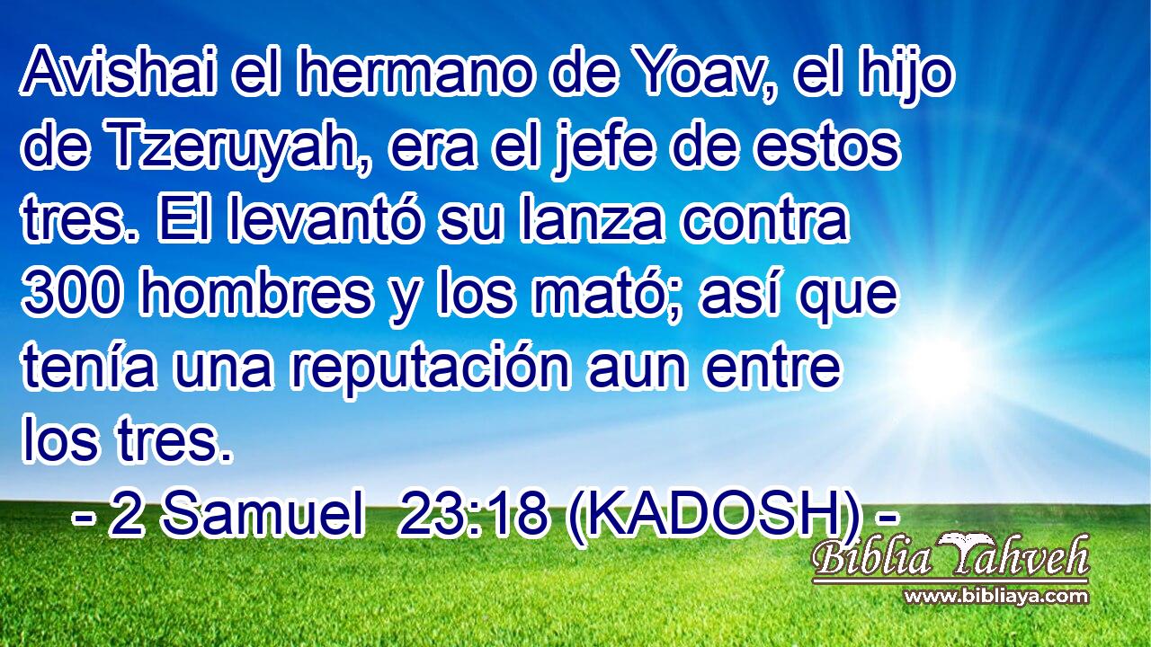  Avishai el hermano de Yoav, el hijo de Tzeruyah, era el jefe de estos tres. El levantó su lanza contra 300 hombres y los mató; así que tenía una reputación aun entre los tres. 
