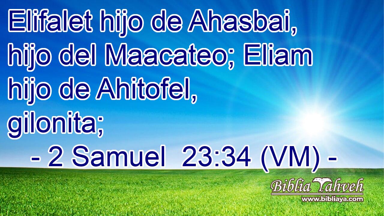  Elifalet hijo de Ahasbai, hijo del Maacateo; Eliam hijo de Ahitofel, gilonita; 