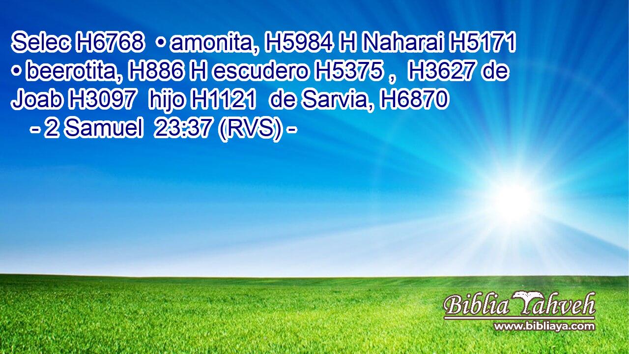 Selec H6768  • amonita, H5984 H Naharai H5171  • beerotita, H886 H escudero H5375 ,  H3627 de Joab H3097  hijo H1121  de Sarvia, H6870  