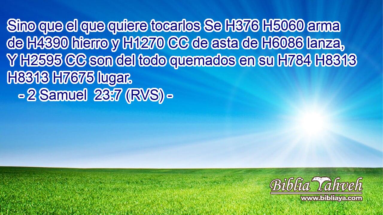 Sino que el que quiere tocarlos Se H376 H5060 arma de H4390 hierro y H1270 CC de asta de H6086 lanza, Y H2595 CC son del todo quemados en su H784 H8313 H8313 H7675 lugar. 