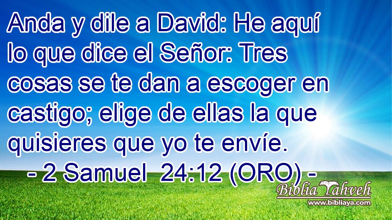  Anda y dile a David: He aquí lo que dice el Señor: Tres cosas se te dan a escoger en castigo; elige de ellas la que quisieres que yo te envíe. 