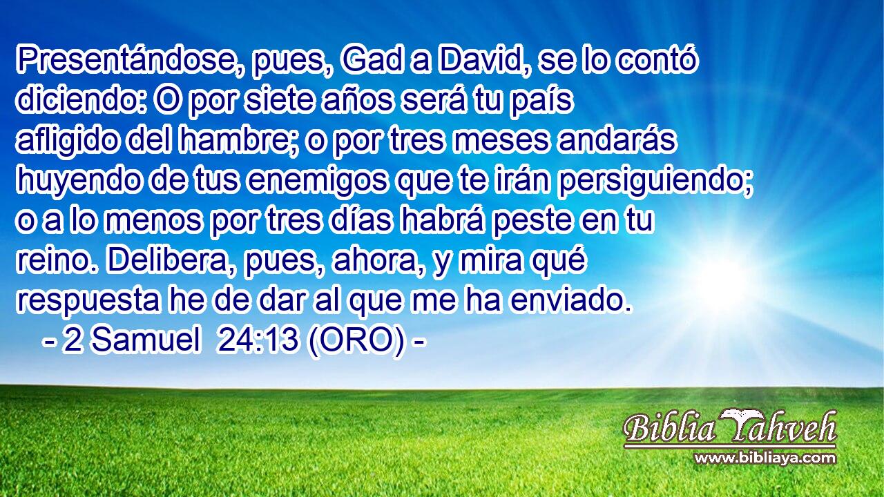  Presentándose, pues, Gad a David, se lo contó diciendo: O por siete años será tu país afligido del hambre; o por tres meses andarás huyendo de tus enemigos que te irán persiguiendo; o a lo menos por tres días habrá peste en tu reino. Delibera, pues, ahora, y mira qué respuesta he de dar al que me ha enviado. 